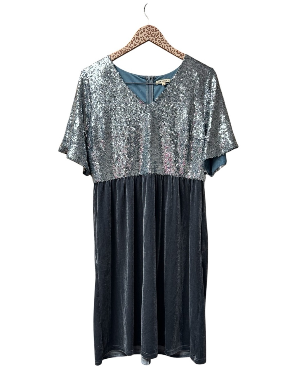 JessaKae Sequin Velvet V-Neck Knee Length Midi Dress Blue Silver XL